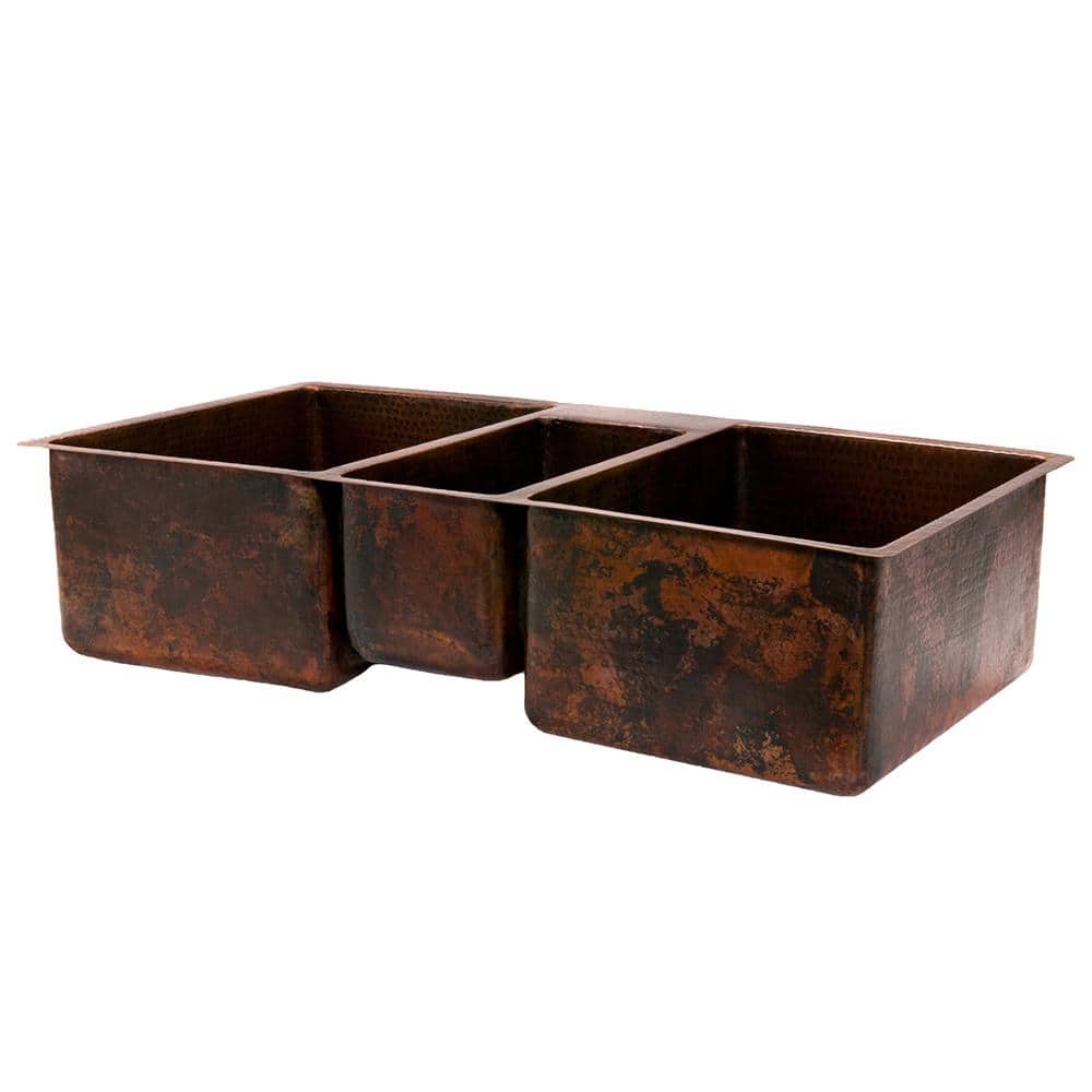 42" Hammered Copper Triple Basin Farmhouse Kitchen Sink