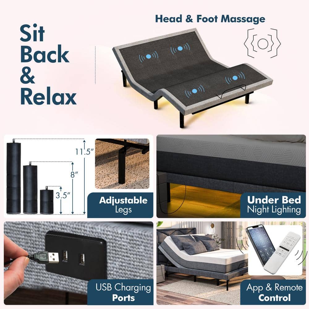 Renanim Adjustable Gray Bed Frame with Dual Massage and USB Ports