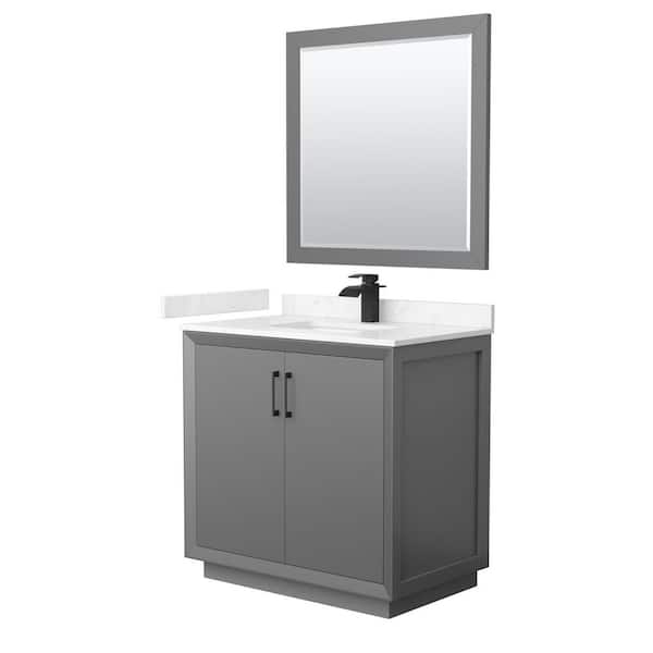Wyndham Collection Strada 36 in. W x 22 in. D x 35 in. H Single Bath Vanity in Dark Gray with Carrara Cultured Marble Top and 34" Mirror