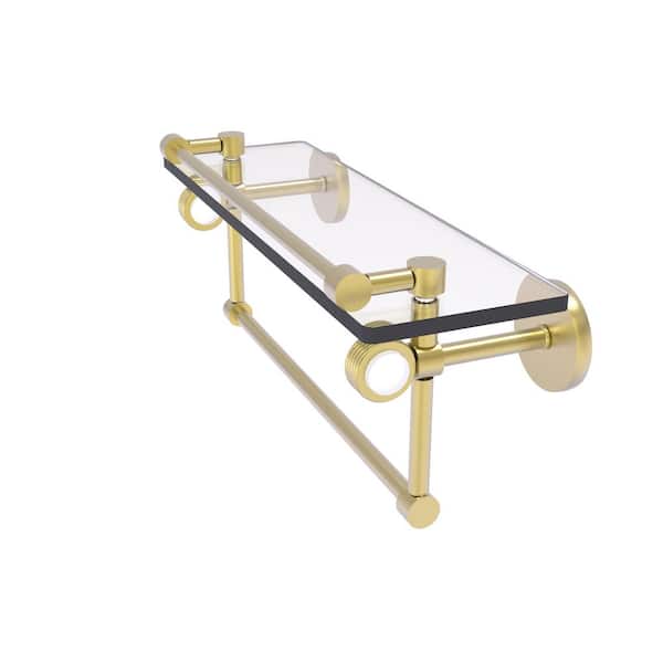 Allied Brass Clearview 16 in. W x 6.7 in. H x 5.8 D Glass Rectangular Shelf in Satin Brass with Towel Bar and Groovy Accents