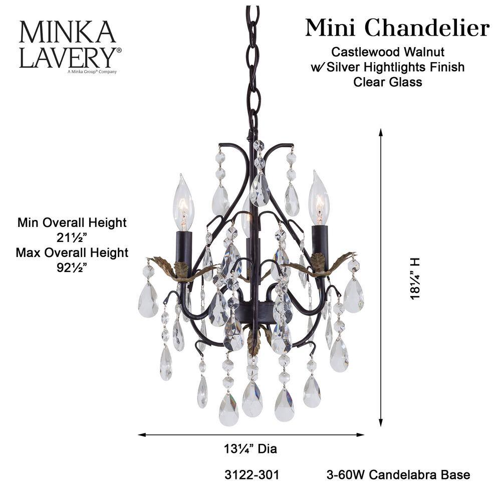 Castlewood Walnut and Silver Crystal Mini Chandelier, 3-Light
