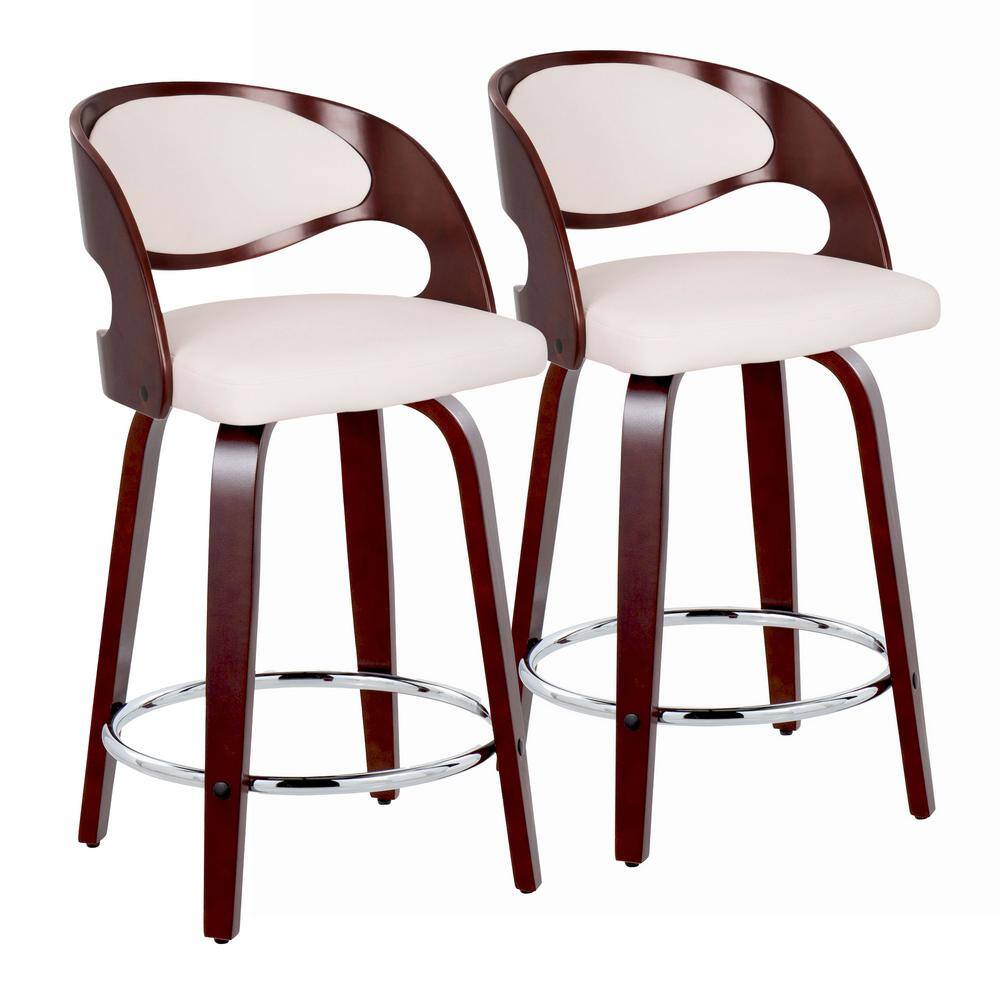 White Faux Leather and Cherry Wood Swivel Counter Stool