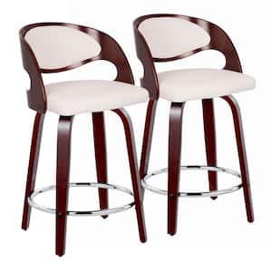 Pino 24.25 in. White Faux Leather, Cherry Wood and Chrome Metal Fixed-Height Counter Stool (Set of 2)