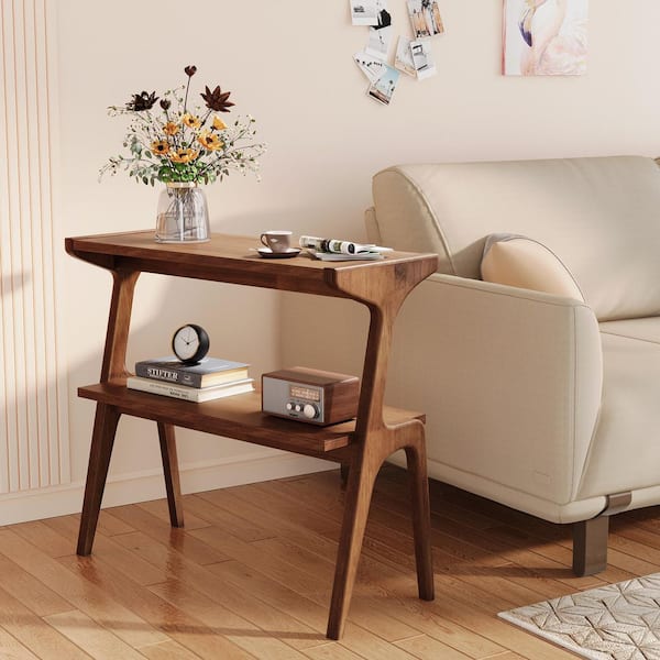 Kerlin 27.56 in. Rustic Brown Rectangular Wood Sofa Side Table, 2-Tier End Table with Storage Shelf for Living Room, 1pc