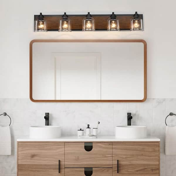 Farmhouse 40 in. 5-Light Black Bathroom Vanity Light, Modern Dark Wood Grain Wall Sconce with Clear Seeded Glass Shades