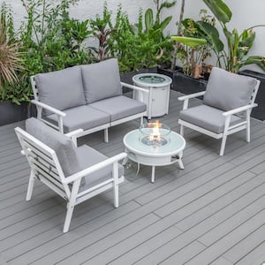 Walbrooke White 5-Piece Aluminum Round Patio Fire Pit Set with Grey Cushions, Slats Design and Tank Holder