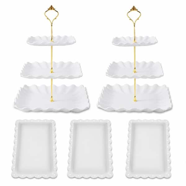 5-Piece 3-Tier White Plastic Cupcake Stand and Rectangle Dessert Serving Tray Set Cake & Tiered Stands