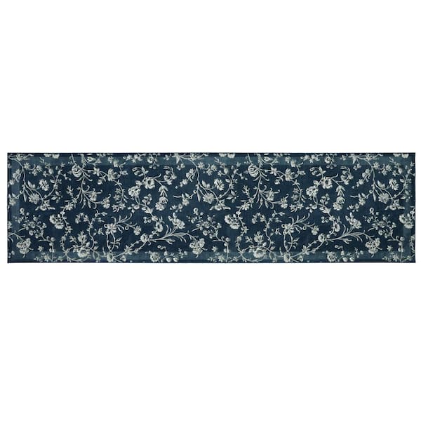 Laura Ashley Aria Floral Border Chenille Dark Navy 2 ft. x 6 ft. Polyester Runner Rug