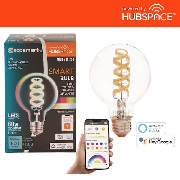 EcoSmart 60-Watt Equivalent Smart G25 Clear Color Changing CEC LED Light Bulb with Voice Control (1-Bulb) Powered by Hubspace