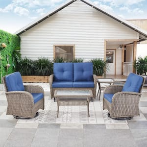 Carlos Gray 5-Piece Glider Set Wicker Patio Conversation Set Outdoor Swivel Chair Set with Blue CushionGuard Cushions