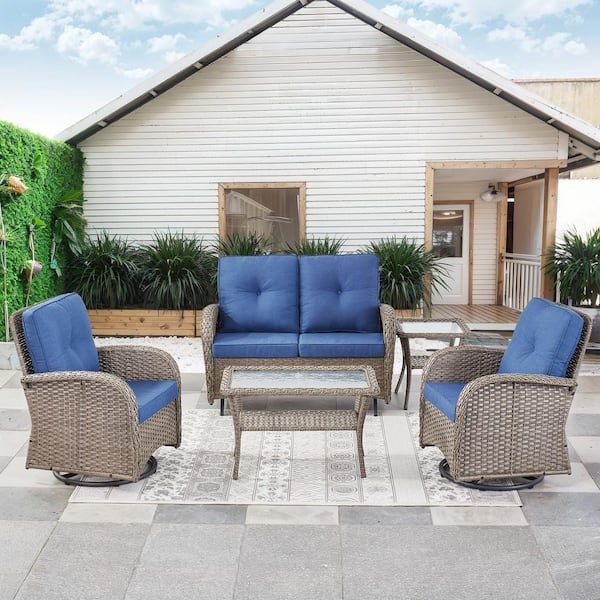 Gymojoy Carlos Gray 5-Piece Glider Set Wicker Patio Conversation Set Outdoor Swivel Chair Set with Blue CushionGuard Cushions