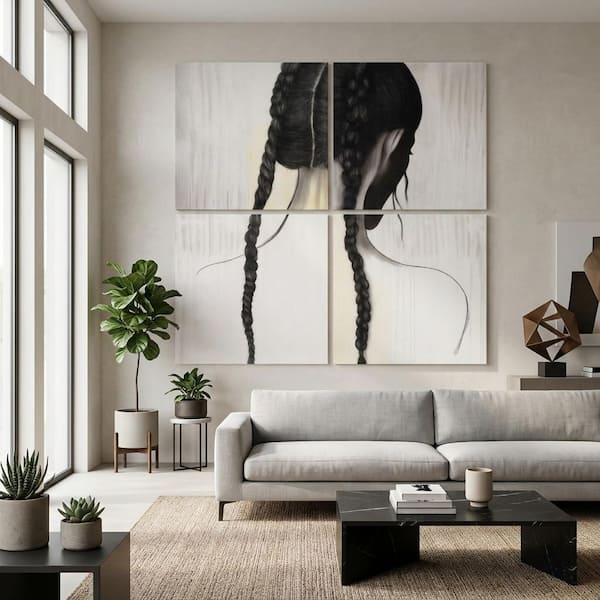 4-Piece Black Framed Double Braided Girl Canvas Wall Art Print 79 in. x 79 in.