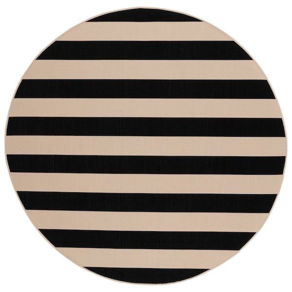 Courtyard Beige/Black 7 ft. x 7 ft. Awning Stripe Indoor/Outdoor Round Area Rug