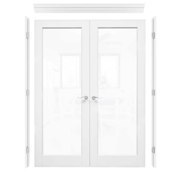 60 in. x 80 in. 1-Lite Clear Glass Universal White Solid Core Wood Double French Door with Quick Assemble Jamb
