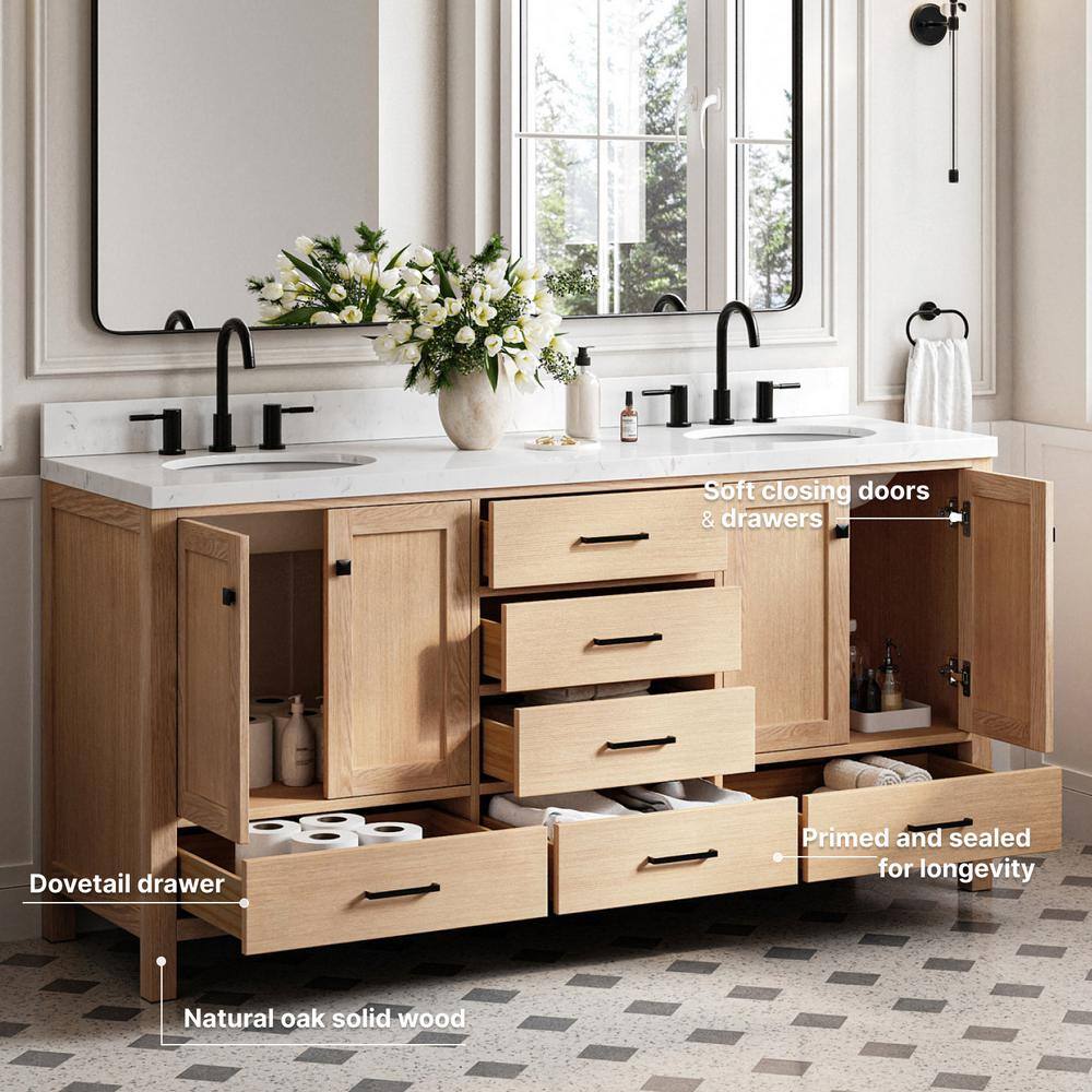 Cambridge 72" Double Sink Oak Vanity with Carrara Quartz Top