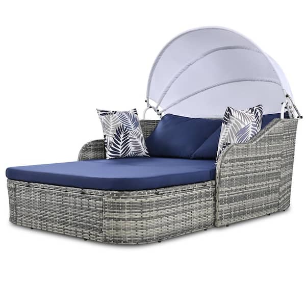 Miscool Anky Wicker Outdoor Chaise Lounge Day Bed with Blue Cushions, Sunbed with Adjustable Canopy, Double Lounge