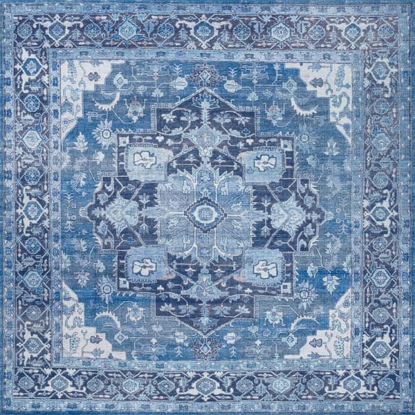 JONATHAN Y Maris Ornate Blue/Navy 5 ft. Medallion Machine-Washable Square Area Rug