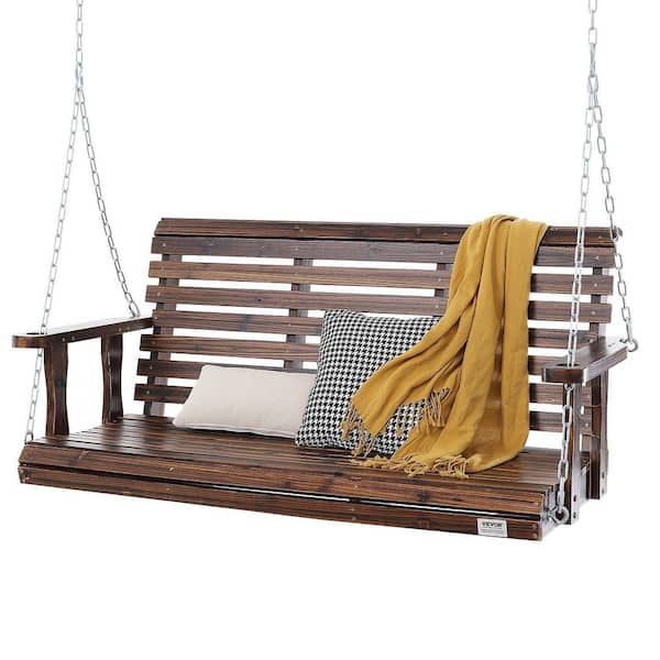 2-Person Wooden Hanging Porch Patio Swing with Chains, Upgraded 880 lbs. Strong Load Capacity for Backyard-Brown