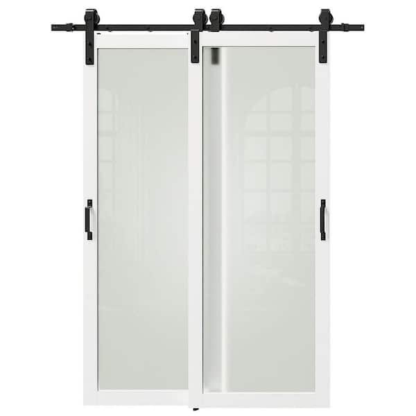 64 in. x 84 in. Frosted Glass White MDF Bypass Double Pre-Assembled Panel Sliding Barn Door with Hardware Kit