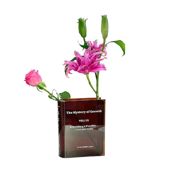 Afoxsos Aesthetic Book Vase for Flowers Room Decor, Decorative Acrylic Vase, Transparent Brown