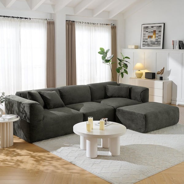 Modern 112.1 in. Round Arm 4-piece Velvet L-Shaped Sectional Sofa in. Grayish Green with Ottoman and 3 Pillows