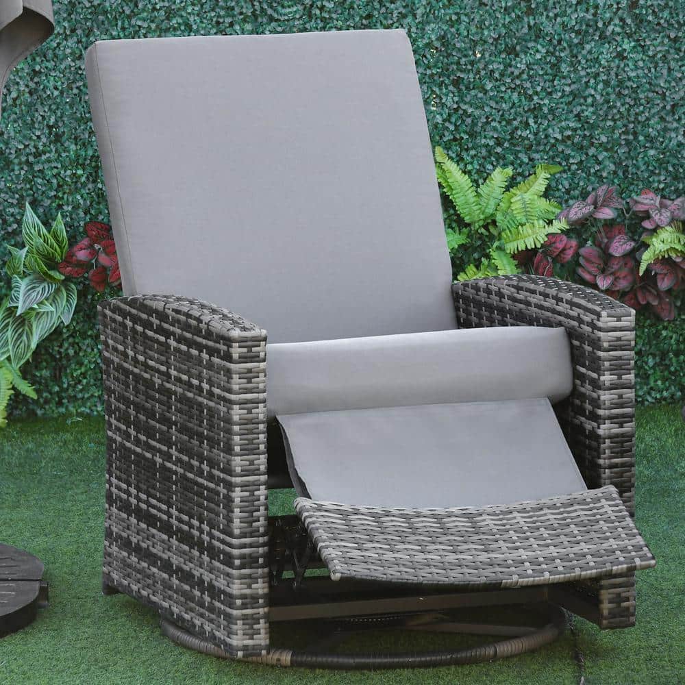 Gray Wicker Swivel Recliner Chair with Cushions