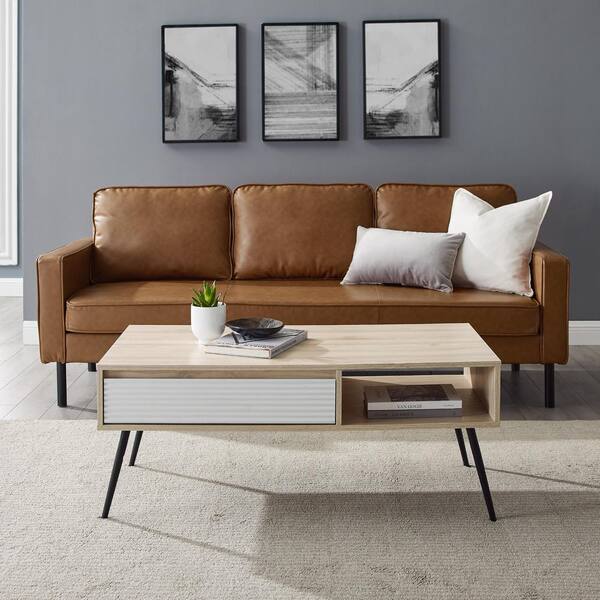 Welwick Designs 18 In Solid White And Birch Mid Century Modern Fluted 1 Drawer Rectangle Wood Coffee Table With Cubby Hd9075 Drawer Rectangle Wood Coffee Table, Modern Low White Coffee Table