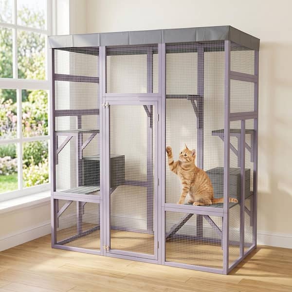 キャットハウス Tunearary 62.6 in. Gray Large Multi-Level Wooden Cat House with