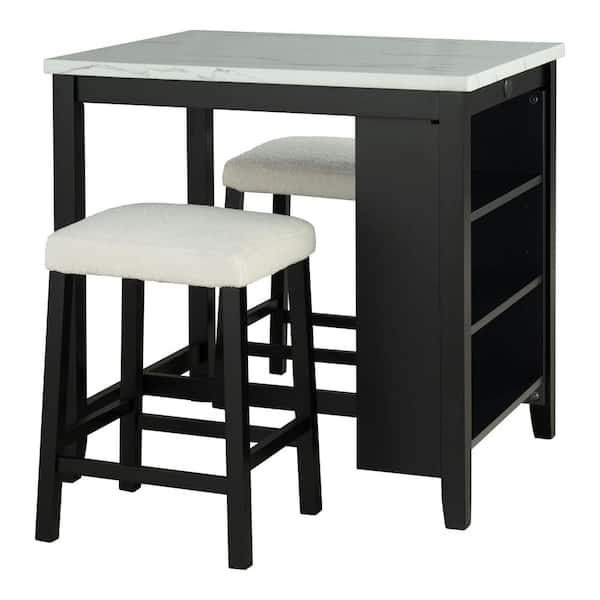 Furniture of America Surren 3-Piece Rectangular Black Wood Top Dining Room Set with USB Charging Ports (Seats 2)