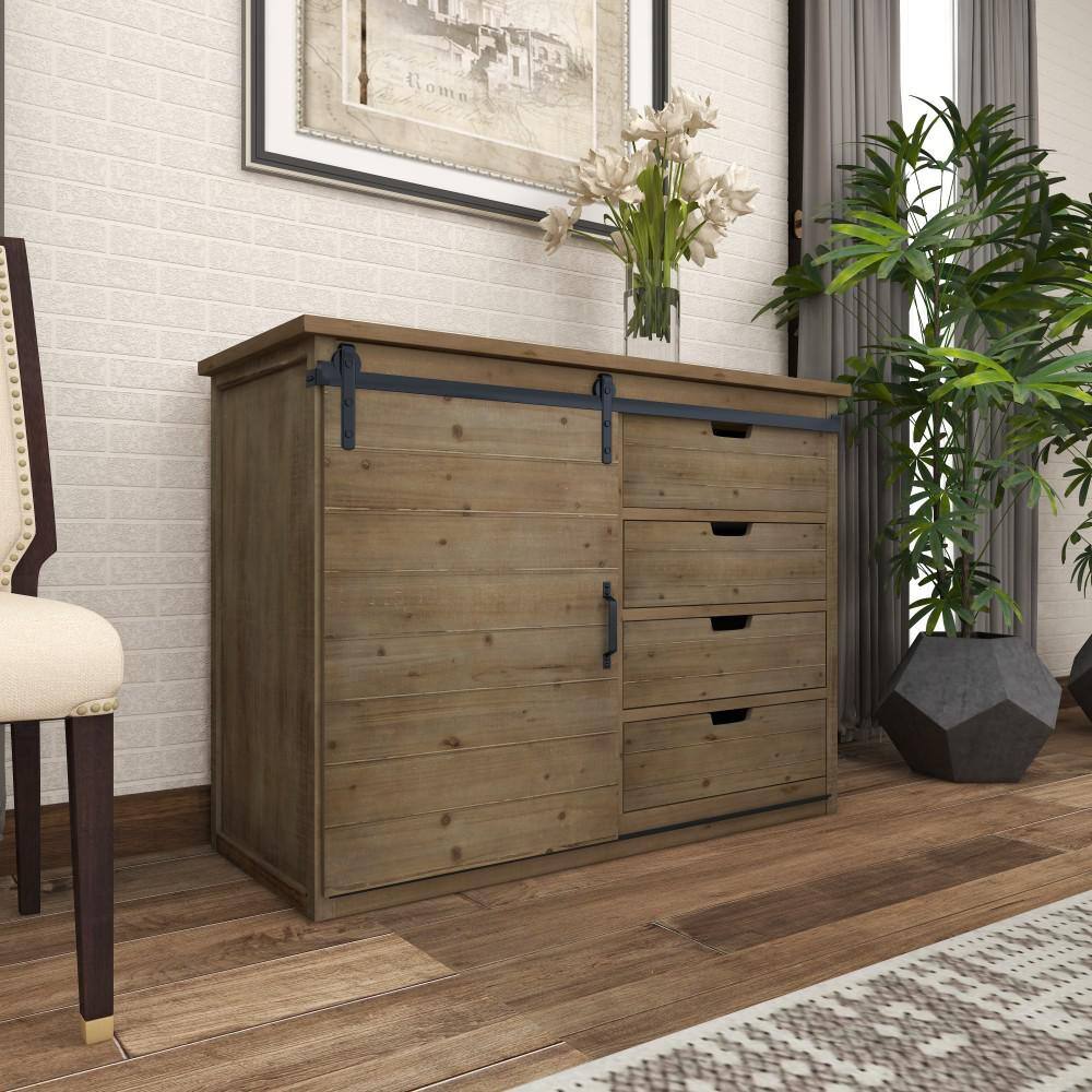 Brown Fir Wood Rustic Cabinet with Drawers and Sliding Door