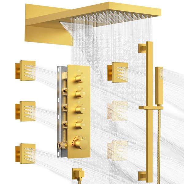 EVERSTEIN 15-Spray 9 in. Lx21 in. W Dual Wall Mount Fixed and Handheld Shower Head in Brushed Gold (Valve Included)