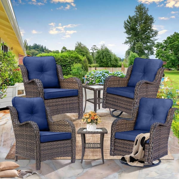 Brown 6-Piece Wicker Patio Conversation Set Outdoor Armchairs and Swivel Chairs Side Table with Navy Blue Cushions