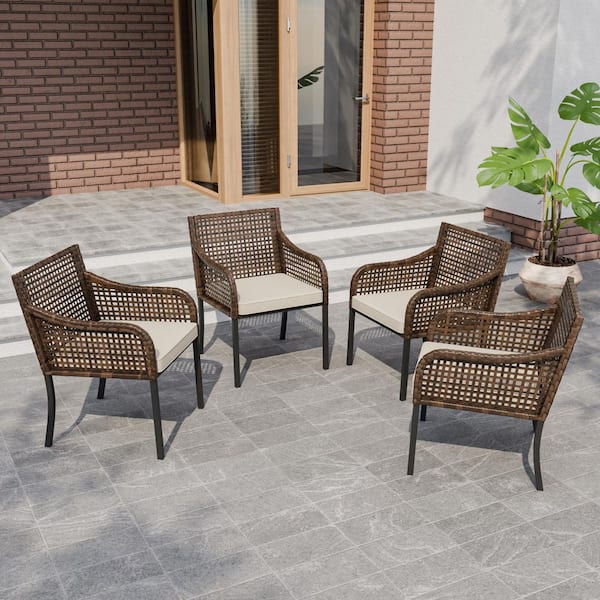 4-Pack Patio Wicker Woven Rattan Outdoor Dining Chairs with Beige Cushions
