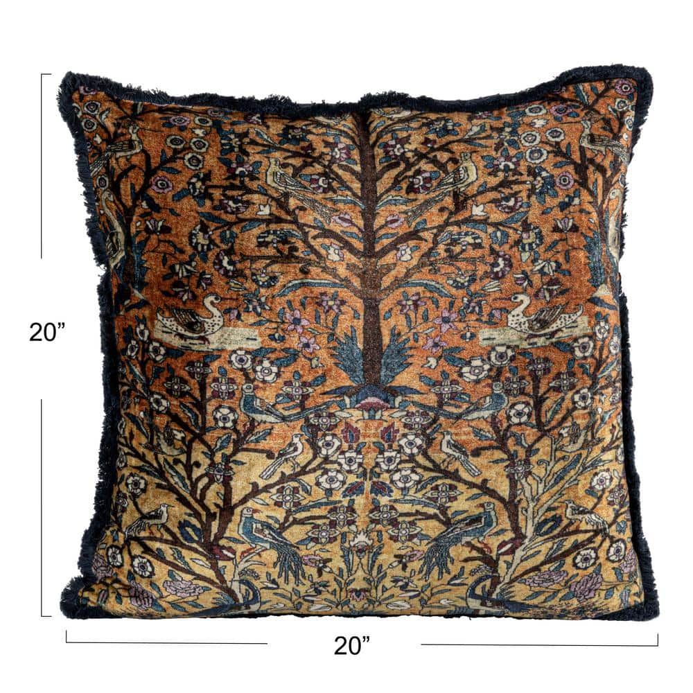 Vintage Multicolor Velvet Square Throw Pillow with Fringe