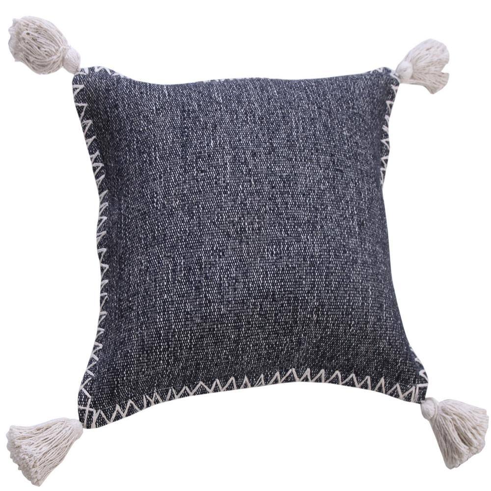 20" Blue and White Embroidered Cotton Throw Pillow