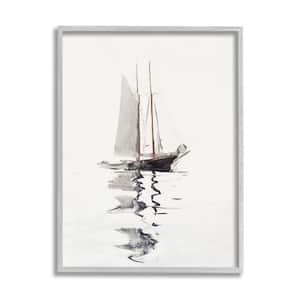 Tranquil Sailboat Vessel Floating Lone Ocean Reflection by Lettered and Lined Framed Nature Art Print 30 in. x 24 in.