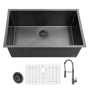 27 in. Undermount Single Bowl 18 Gauge Gunmetal Black Stainless Steel Kitchen Sink with Black Spring Neck Faucet