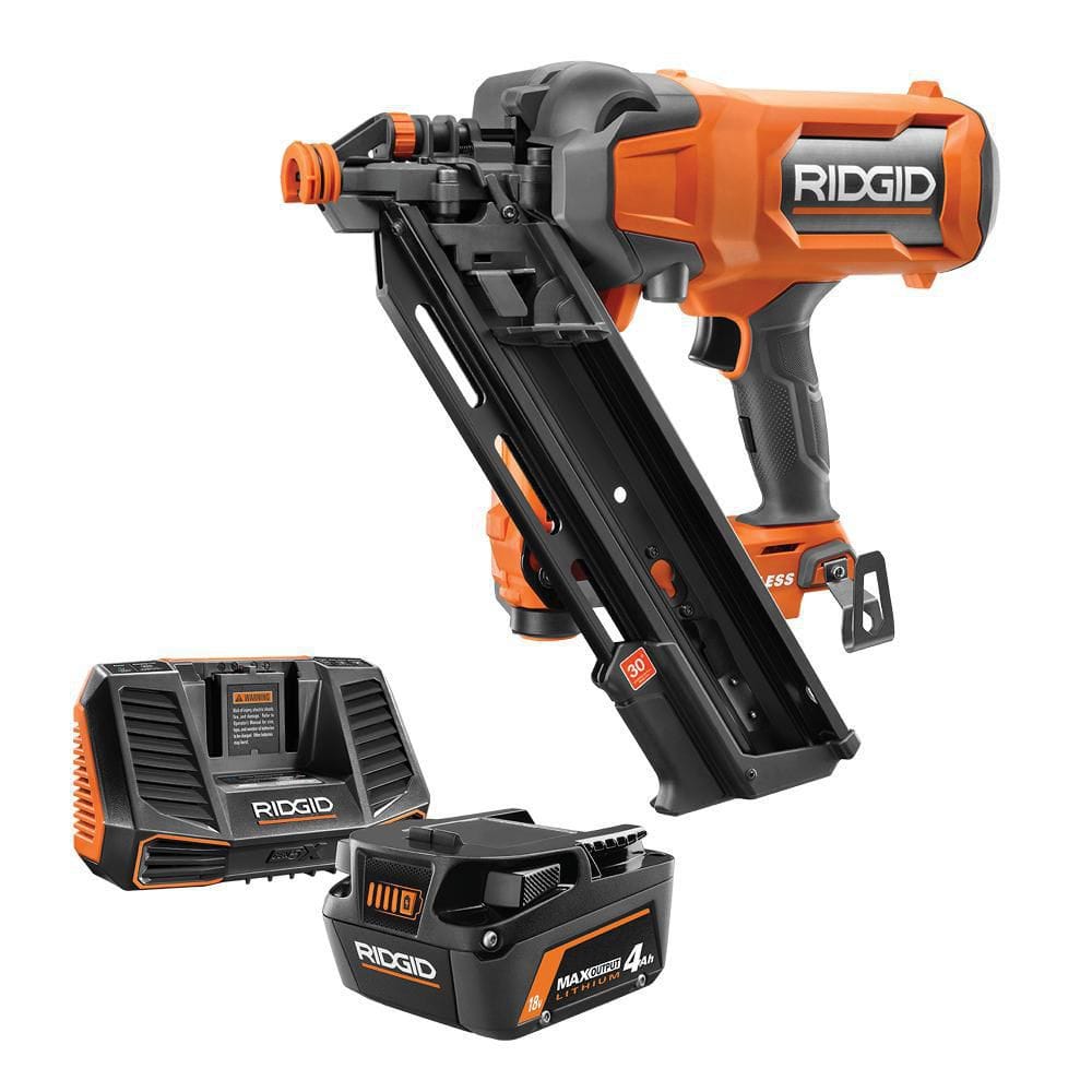 RIDGID 18V Brushless Cordless 30-Degree 3-1/2 in. Framing Nailer Kit with 4.0 Ah MAX Output Lithium-Ion Battery and Charger -  R09895-R9540