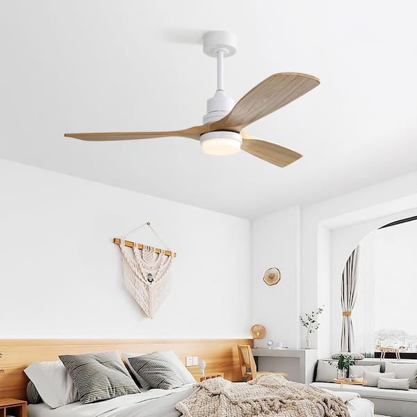 52 In. Indoor White 3 Solid Wood Blades Integrated LED Ceiling Fan with Remote Control and Reversible DC Motor