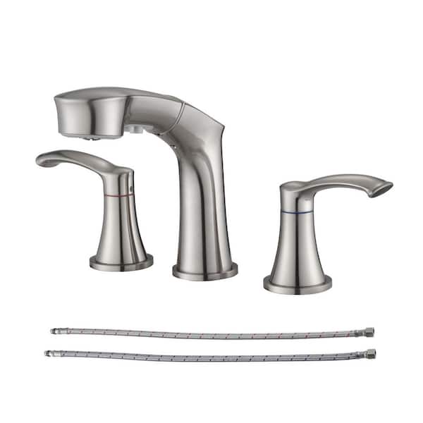 8 in. Widespread Double Handle 3-Holes Bathroom Faucet with Pull Out Spout in Brushed Nickel