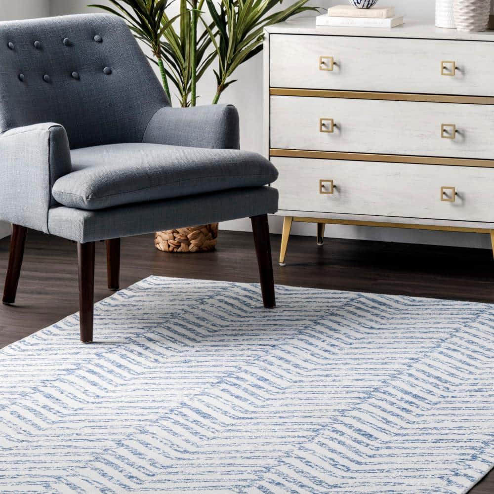 Rosanne Blue and Ivory Geometric Square Washable Synthetic Rug, 8'0" x 8'0"