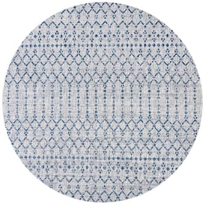 Ourika Moroccan Geometric Textured Weave Light Gray/Navy 4 ft. Round Indoor/Outdoor Area Rug