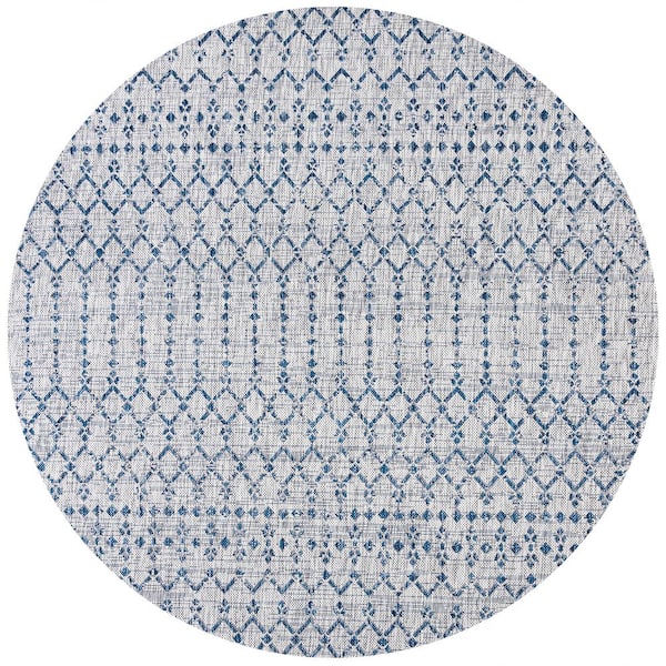 Ourika Moroccan Geometric Textured Weave Light Gray/Navy 9 ft. Round Indoor/Outdoor Area Rug