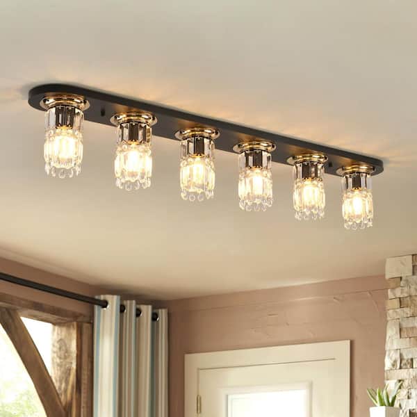47.24 in. 6-Light Black Modern Dimmable Flush Mount with Clear Crystal Shade and No Bulbs Included for Hallway Kitchen