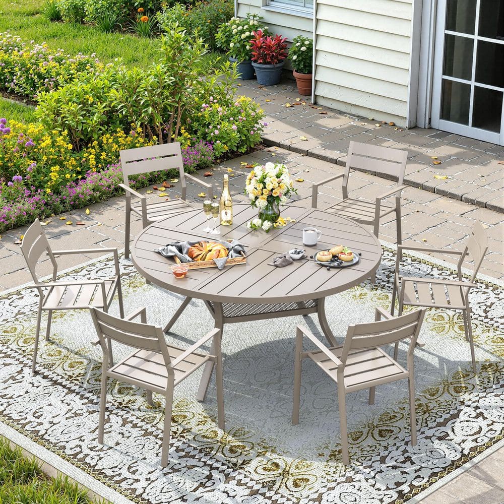 7-Piece Metal Outdoor Patio Dining Set with 47.2 in. Sandshell Round Table and 6 Stackable Chairs in Sandshell price history on PriceWatchPro