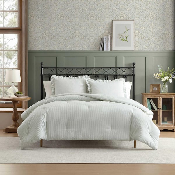 LAURA ASHLEY　寝具3点セット② Laura Ashley Oxford Stripe 2-Piece Evergreen Cotton Twin Comforter