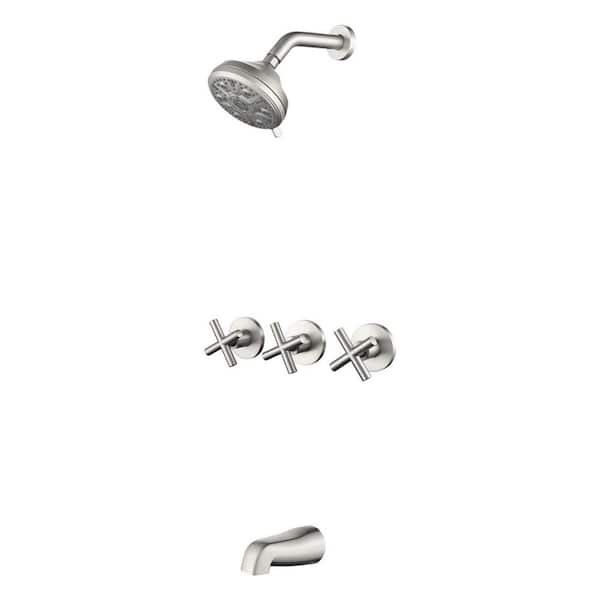 Miscool Ami Triple Handle 10-Spray Tub and Shower Faucet 1.8 GPM with 5 in. Shower Head in Brushed Nickel (Valve Included)