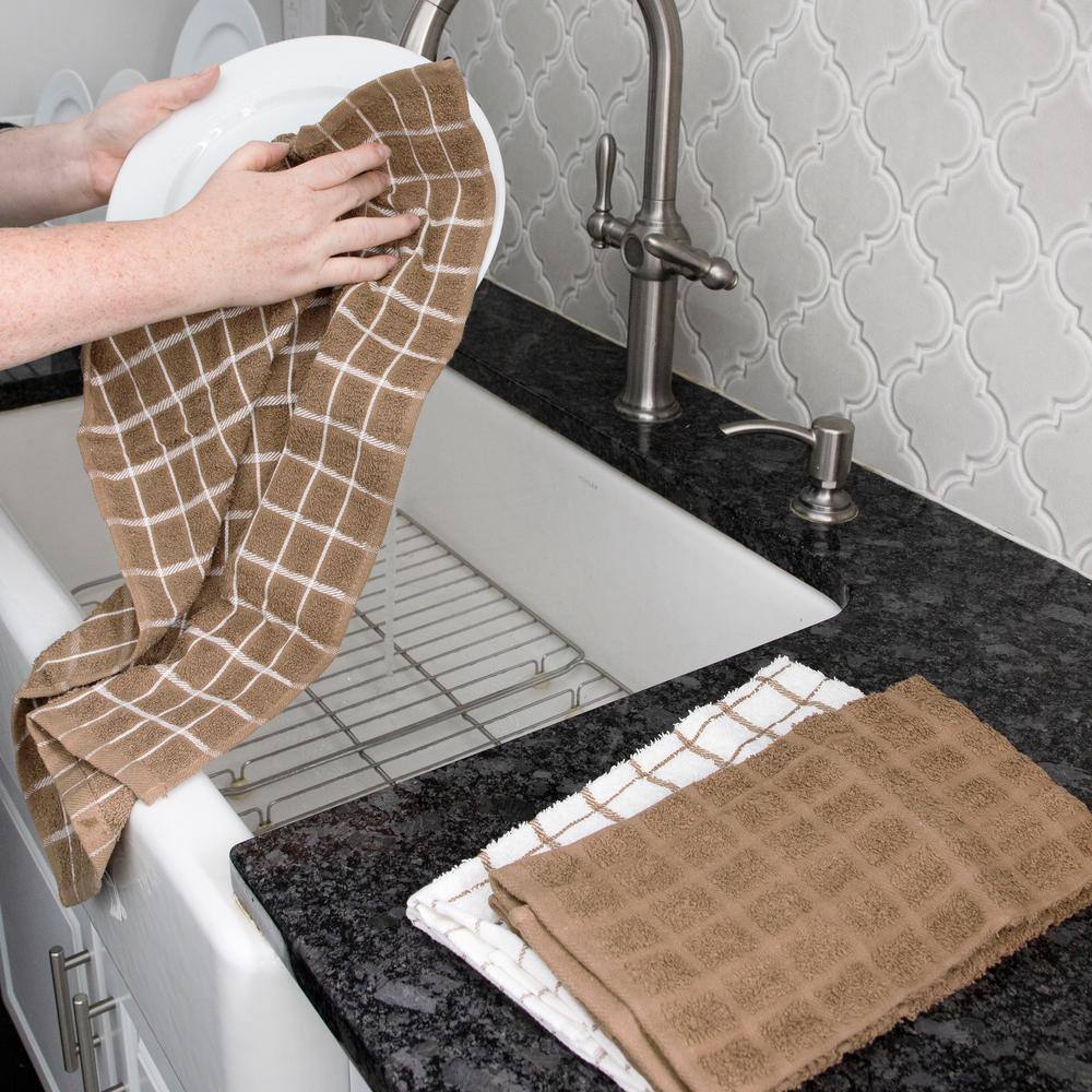 Mocha and White Cotton Terry Kitchen Towel and Dish Cloth Set