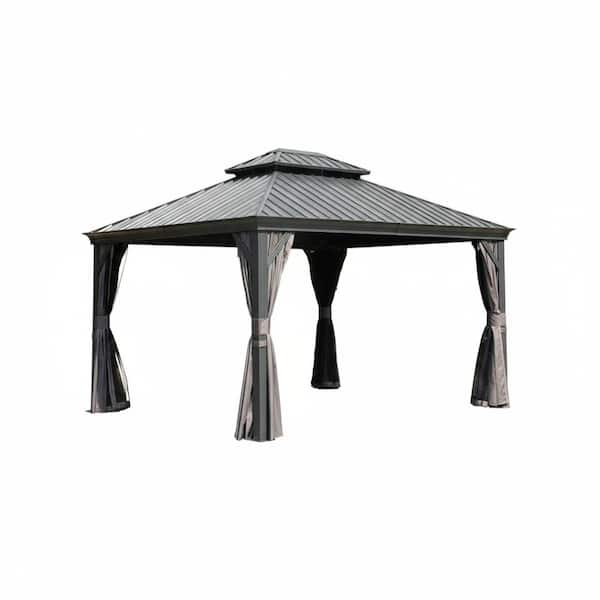 10 ft. x 13 ft. Gray Hardtop Gazebo with Galvanized Steel Double Roof, Drainage System, Curtain and Netting