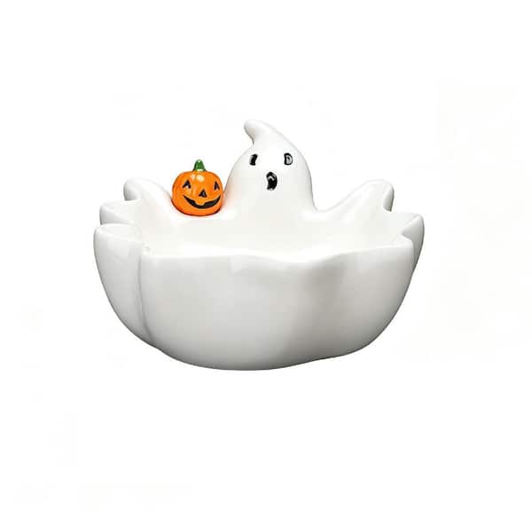 1-Piece 7 in. Halloween Candy Dish Holder, Ceramic Ghost Candy Bowl, Cookie Jar for Halloween Party Trick or Treat Decor